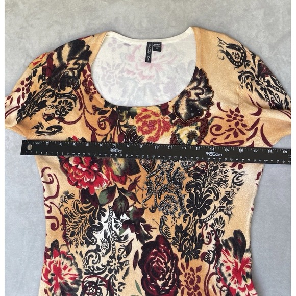 Vintage Venini Shirt Womens Medium Yellow Floral Stretch‎ Beaded Asian Oriental - Picture 6 of 8